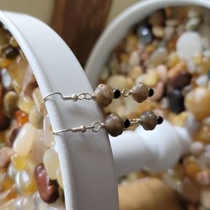 Sterling Silver, Dark Khaki Glass and Black Onyx Dangle Earrings, Handmade